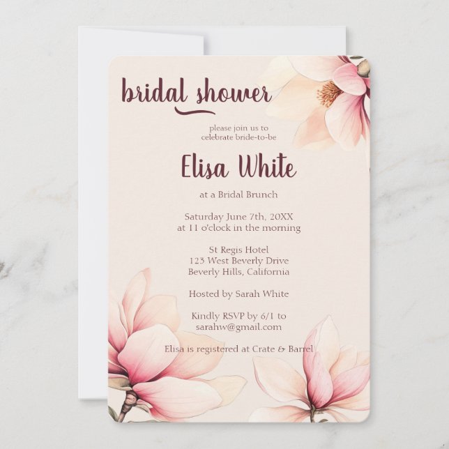 Invitation Aquarelle Magnolia Fête des mariées florale PERSON (Devant)