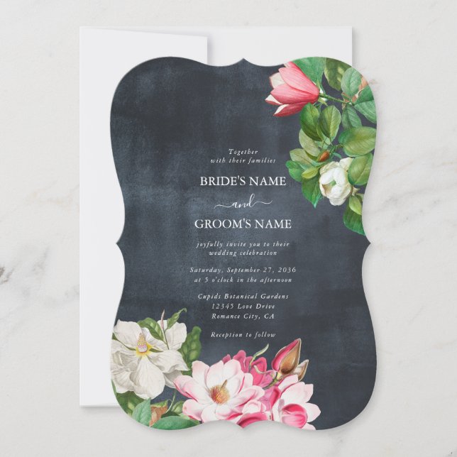 Invitation Aquarelle Magnolia Fleurs Mariage Noir Blanc (Devant)