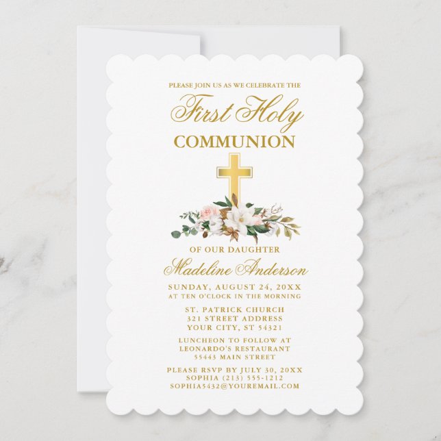 Invitation Aquarelle Magnolia Floral Communion Gold Cross (Devant)