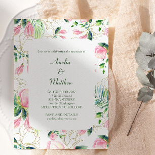 Invitation Aquarelle Magnolia Flower Pink Gold Mariage