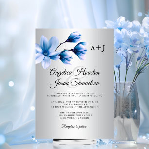 Invitation Aquarelle Magnolia Marine Bleu Mariage gris argent