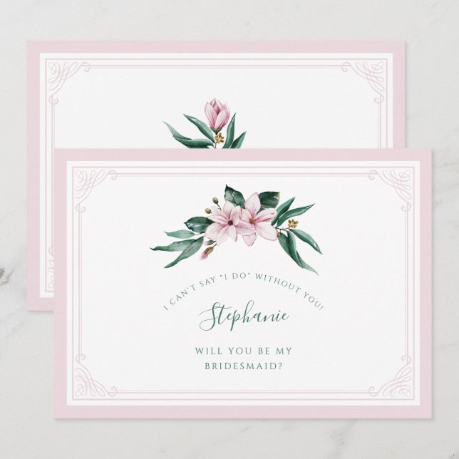 Invitation Aquarelle Magnolia Pink Floral Bridesmaid (Devant / Derrière)