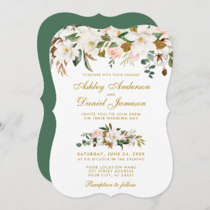 Invitation Aquarelle Magnolia Rose Floral Mariage or