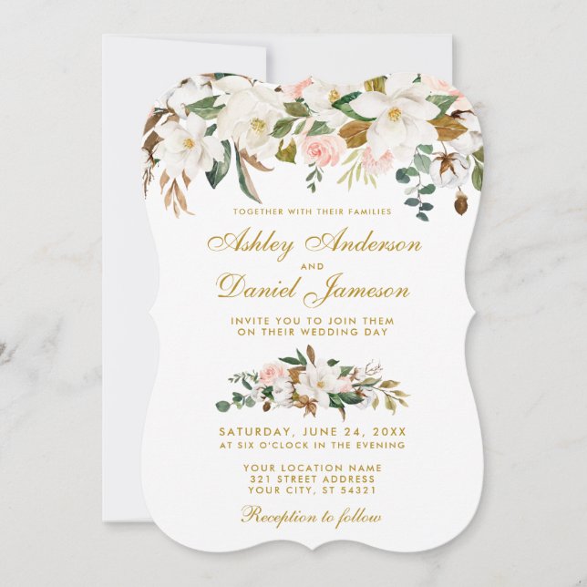 Invitation Aquarelle Magnolia Rose Floral Mariage Or (Devant)