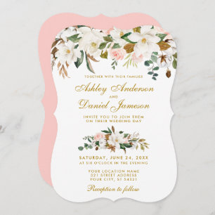 Invitation Aquarelle Magnolia Rose Floral Mariage Or rose