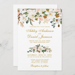 Invitation Aquarelle Magnolia Rose Floral Photo Mariage Or