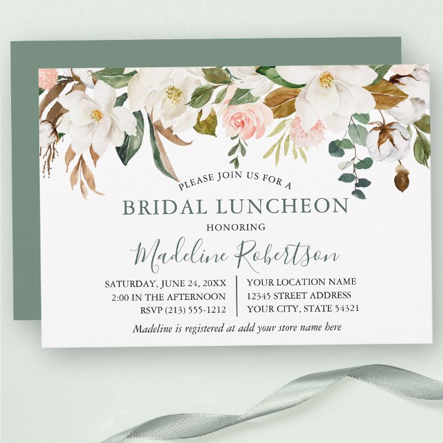 Invitation Aquarelle Magnolia Rose Sage Green Bridal Déjeuner (Customize to change text color, text style or color of back of card.)