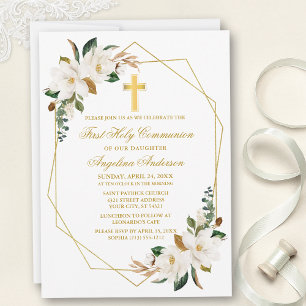 Invitation Aquarelle Magnolias Geo Frame Gold Communion
