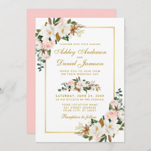 Invitation Aquarelle Magnolias Rose Floral Mariage Or