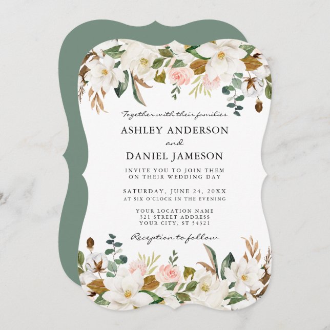 Invitation Aquarelle Magnolias Rose Mariage Sage Green (Devant / Derrière)
