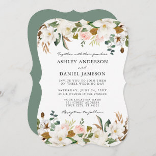 Invitation Aquarelle Magnolias Rose Mariage Sage Green