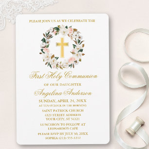 Invitation Aquarelle Magnolias Rose Wreath Gold Communion