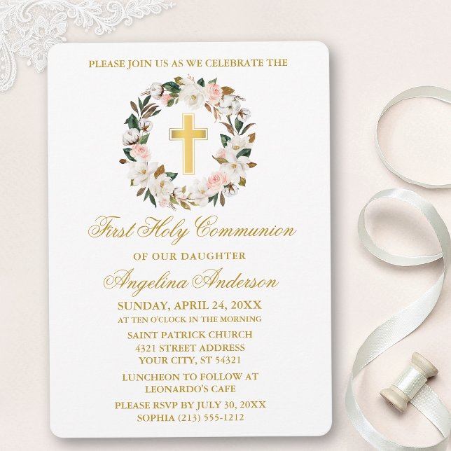 Invitation Aquarelle Magnolias Rose Wreath Gold Communion (Customize to change text color, size, style or to add photos or more text to back of card.)