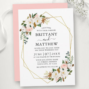 Invitation Aquarelle Magnolias Roses Geo Frame Mariage rose