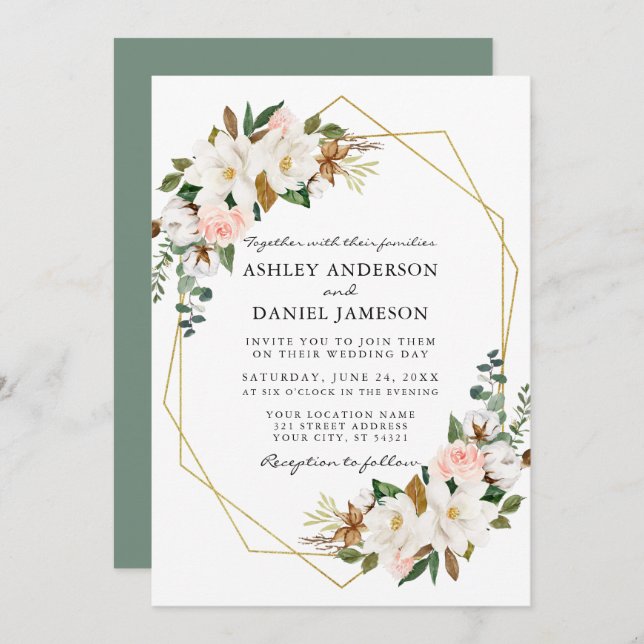 Invitation Aquarelle Magnolias Roses Geo Mariage Sage Green (Devant / Derrière)