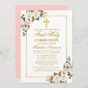 Invitation Aquarelle Magnolias Roses Première Communion Or