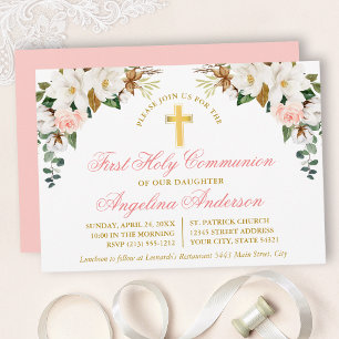 Invitation Aquarelle Magnolias Roses Première Communion Or