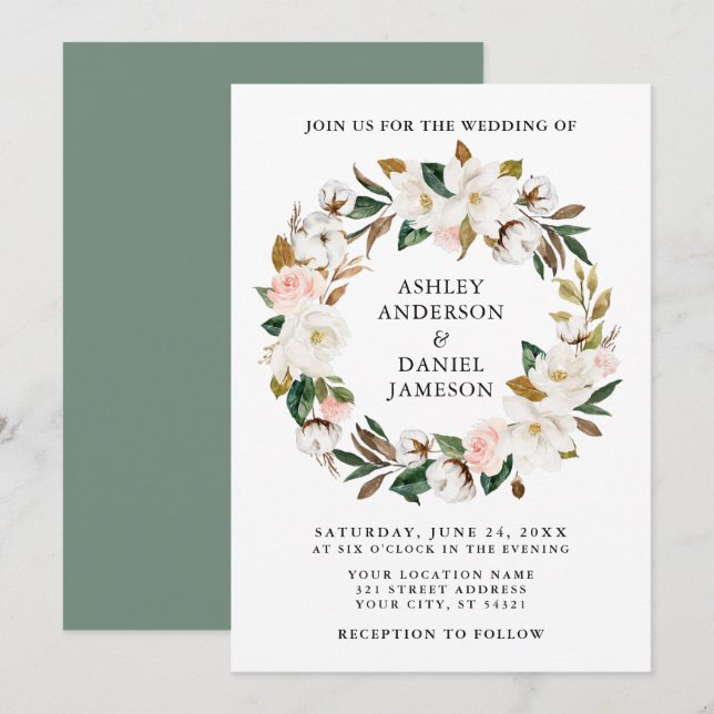 Invitation Aquarelle Magnolias Roses Wreath Sage Green (Devant / Derrière)
