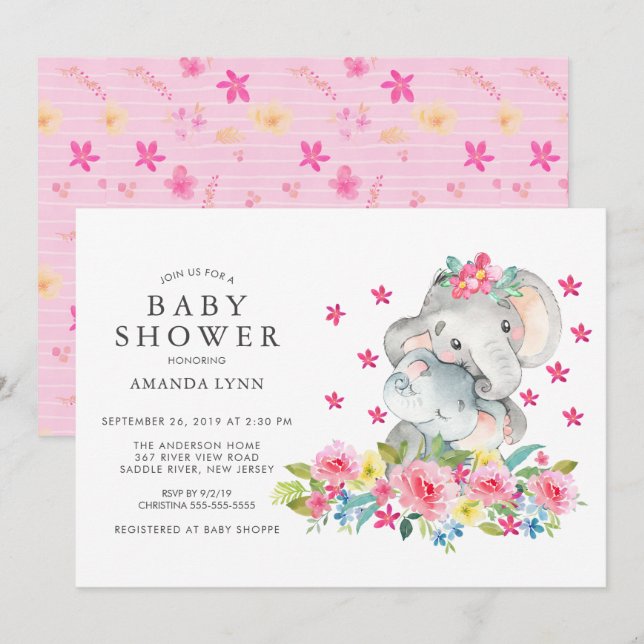 Invitation Aquarelle maman bébé éléphant bébé fille douche (Devant / Derrière)