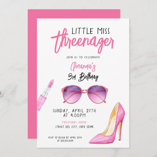 Invitation Aquarelle Maquillage rose thème 3e anniversaire (Devant / Derrière)