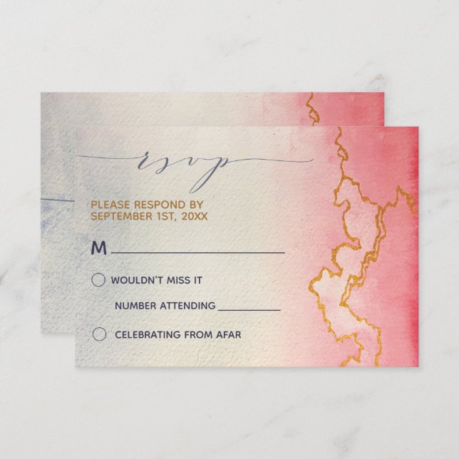 Invitation Aquarelle Marbre Or Ombre | RSVP (Devant / Derrière)