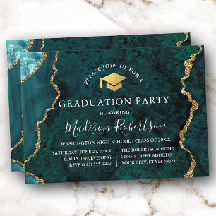 Invitation Aquarelle marbre Turquoise or Casquette Grad Party
