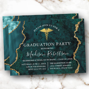Invitation Aquarelle marbre Turquoise or Médicale Grad Party
