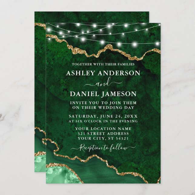 Invitation Aquarelle Marbre vert Agate Géode Lumières Mariage (Devant / Derrière)