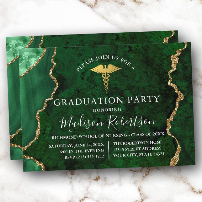 Invitation Aquarelle Marbre vert Or Médicale Grad Party (Customize to add text or a photo to back of card.)