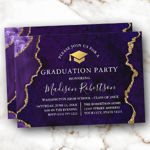 Invitation Aquarelle marbre violet or Casquette Grad Party