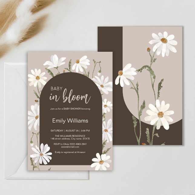 Invitation Aquarelle marguerite bébé dans baby shower fleur f (Daisy wildflower watercolor baby in bloom floral shower invitation in beige colors, rustic, boho)