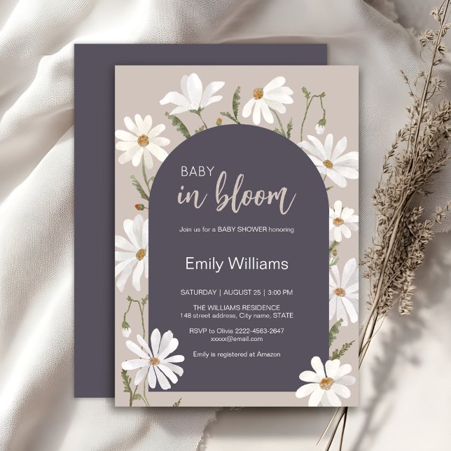 Invitation Aquarelle marguerite bébé dans baby shower fleur f (Daisy wildflower watercolor baby in bloom floral shower invitation in beige colors, rustic, boho)