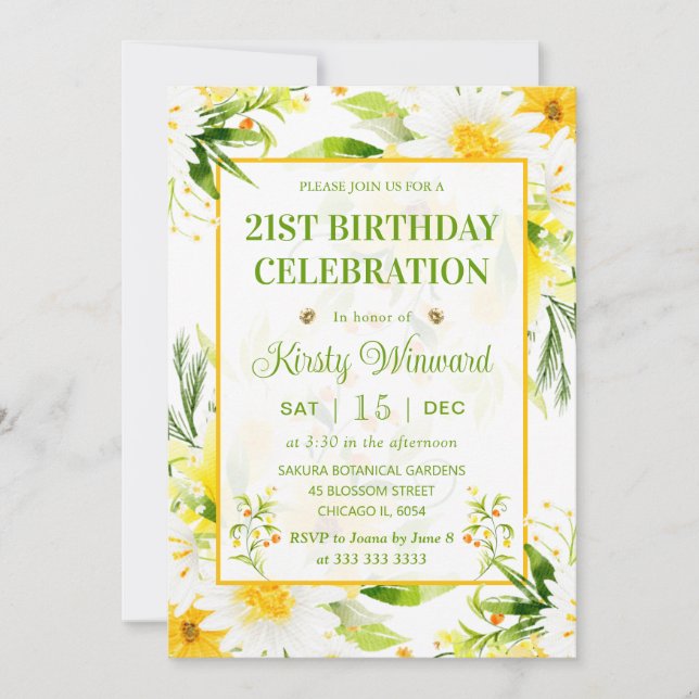 Invitation Aquarelle Marguerite jaune et blanc Anniversaire (Devant)