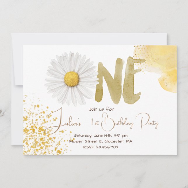 Invitation Aquarelle marguerite premier anniversaire (Devant)