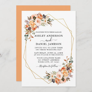 Invitation Aquarelle mariage Automne Floral Geo Frame Peach