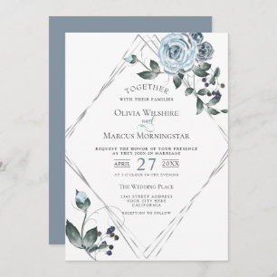 Invitation Aquarelle mariage bleu bleu foncé cadre d'argent
