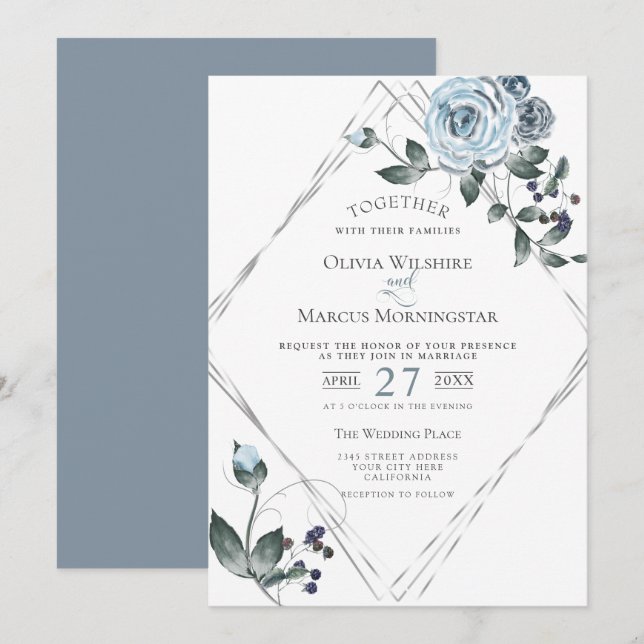 Invitation Aquarelle mariage bleu bleu foncé cadre d'argent (Devant / Derrière)