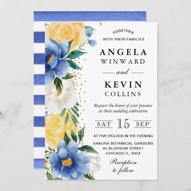 Invitation Aquarelle Mariage bleu et jaune (Devant / Derrière)