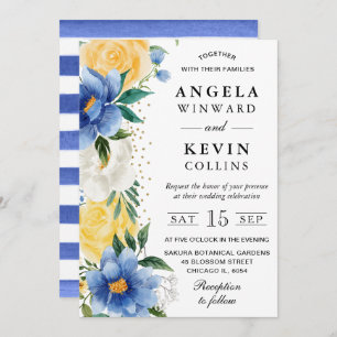 Invitation Aquarelle Mariage bleu et jaune