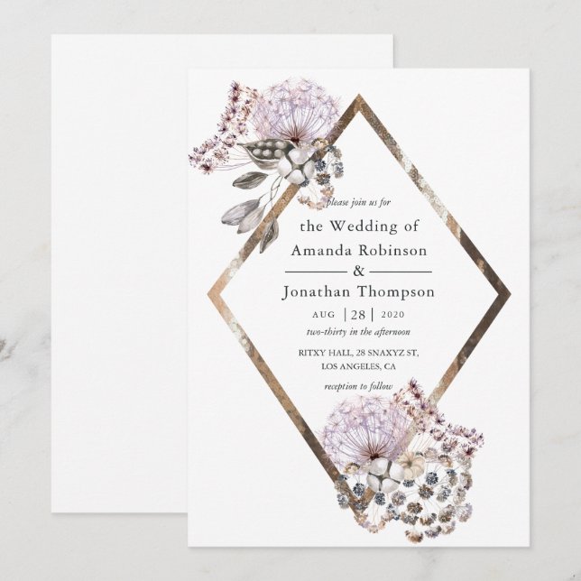 Invitation Aquarelle Mariage Bohème Fleurs séchées (Devant / Derrière)