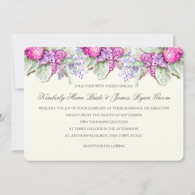 Invitation Aquarelle mariage Bouquet Purples (Devant)