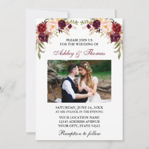 Invitation Aquarelle mariage Bourgogne Floral Couple Photo