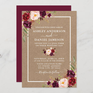 Invitation Aquarelle mariage Bourgogne Floral Kraft