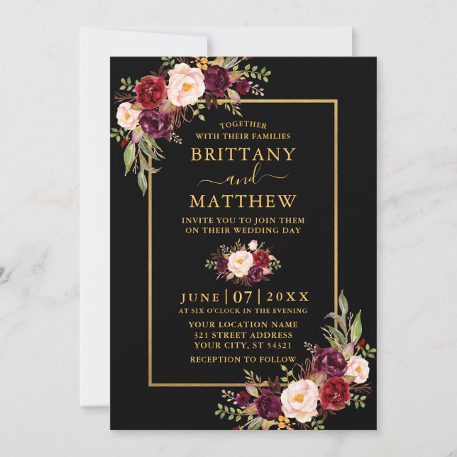 Invitation Aquarelle mariage Bourgogne Floral Noir Or (Devant)