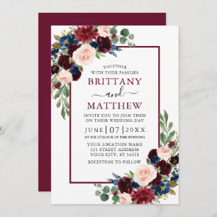 Invitation Aquarelle mariage Burgundy Bleu Mixte Floral