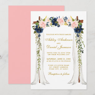 Invitation Aquarelle mariage Canopy bleu rose bleu Floral or