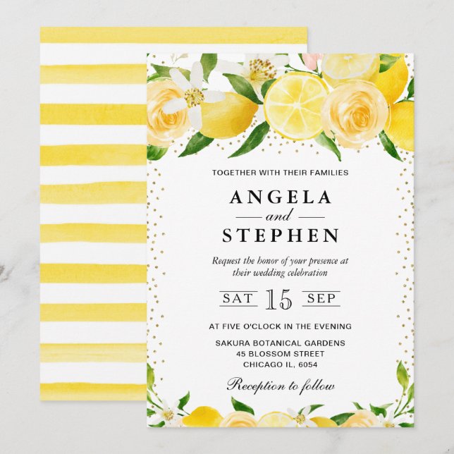 Invitation Aquarelle Mariage Citrons et Fleurs (Devant / Derrière)