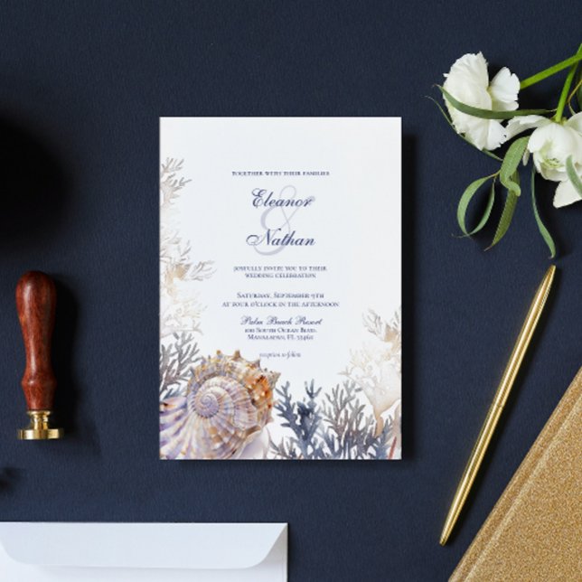 Invitation Aquarelle Mariage Coraux de coquillage (Créateur téléchargé)