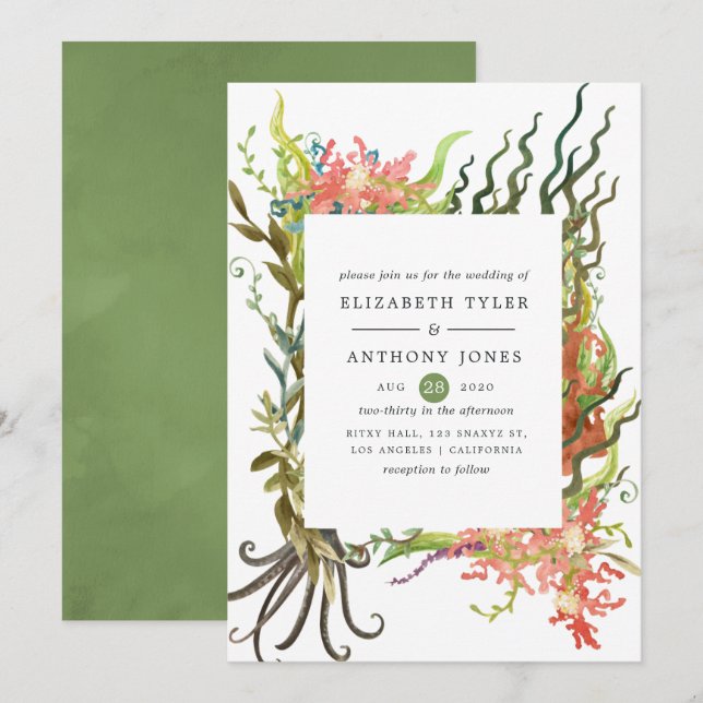Invitation Aquarelle Mariage d'algues marines (Devant / Derrière)