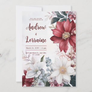 Invitation Aquarelle Mariage d'Automne Floral Blanc Bourgogne